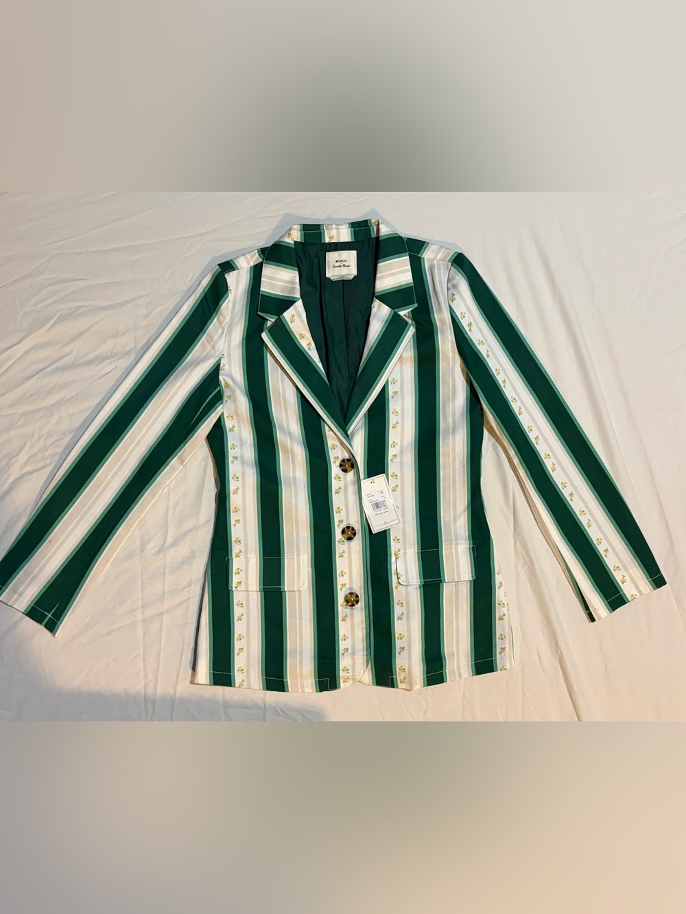 RVCA Emerald and White Striped Blazer with Floral Stitching